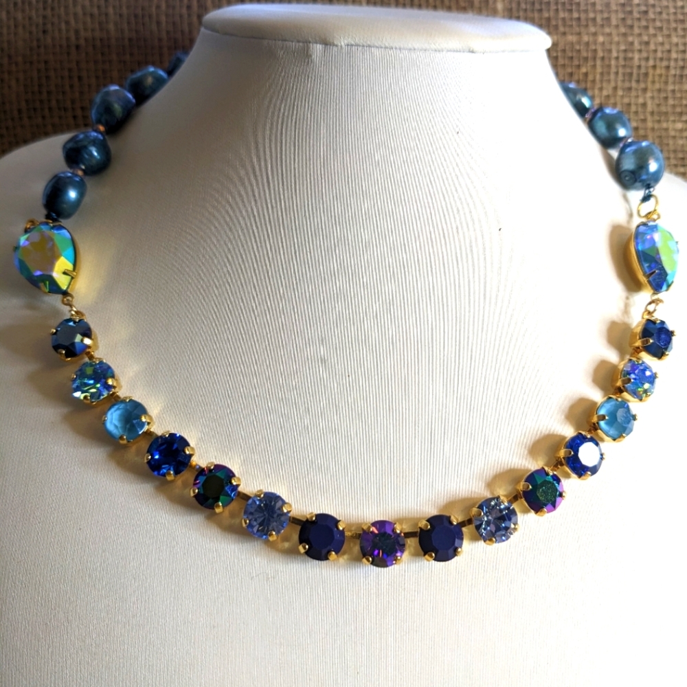 Blue Metallic AB Crystal & Natural Blue Baroque Pearls in Stunning Necklace